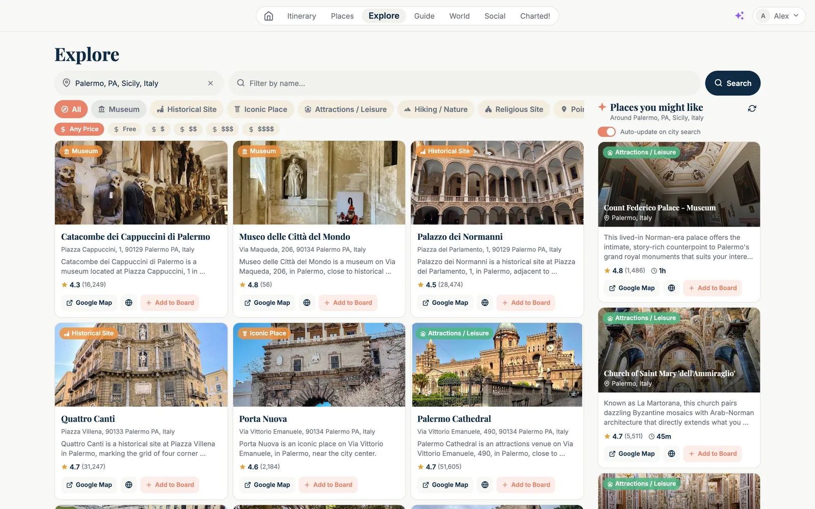 The Explore page on the web: a location field reading 'Palermo, PA, Sicily, Italy', a 'Filter by name' field and a Search button; chips All, Museum, Historical Site, Iconic Place, Attractions / Leisure, Hiking / Nature, Religious Site and price chips Any Price, Free, $ to $$$$; a grid of place cards with a photo, a category badge, the name, the address, a one-line description, the rating with the number of reviews and buttons 'Google Map' and 'Add to Board': Catacombe dei Cappuccini di Palermo (4.3, 16,249), Museo delle Città del Mondo (4.8), Palazzo dei Normanni (4.5, 28,474), Quattro Canti (4.7, 31,247), Porta Nuova (4.6), Palermo Cathedral (4.7, 51,605). On the right, the 'Places you might like — Around Palermo' band with an 'Auto-update on city search' switch and AI picks: Count Federico Palace – Museum (4.8, 1 h) and the Church of Saint Mary dell'Ammiraglio, La Martorana (4.7, 45 m), each with a photo and the reason it fits your trips.