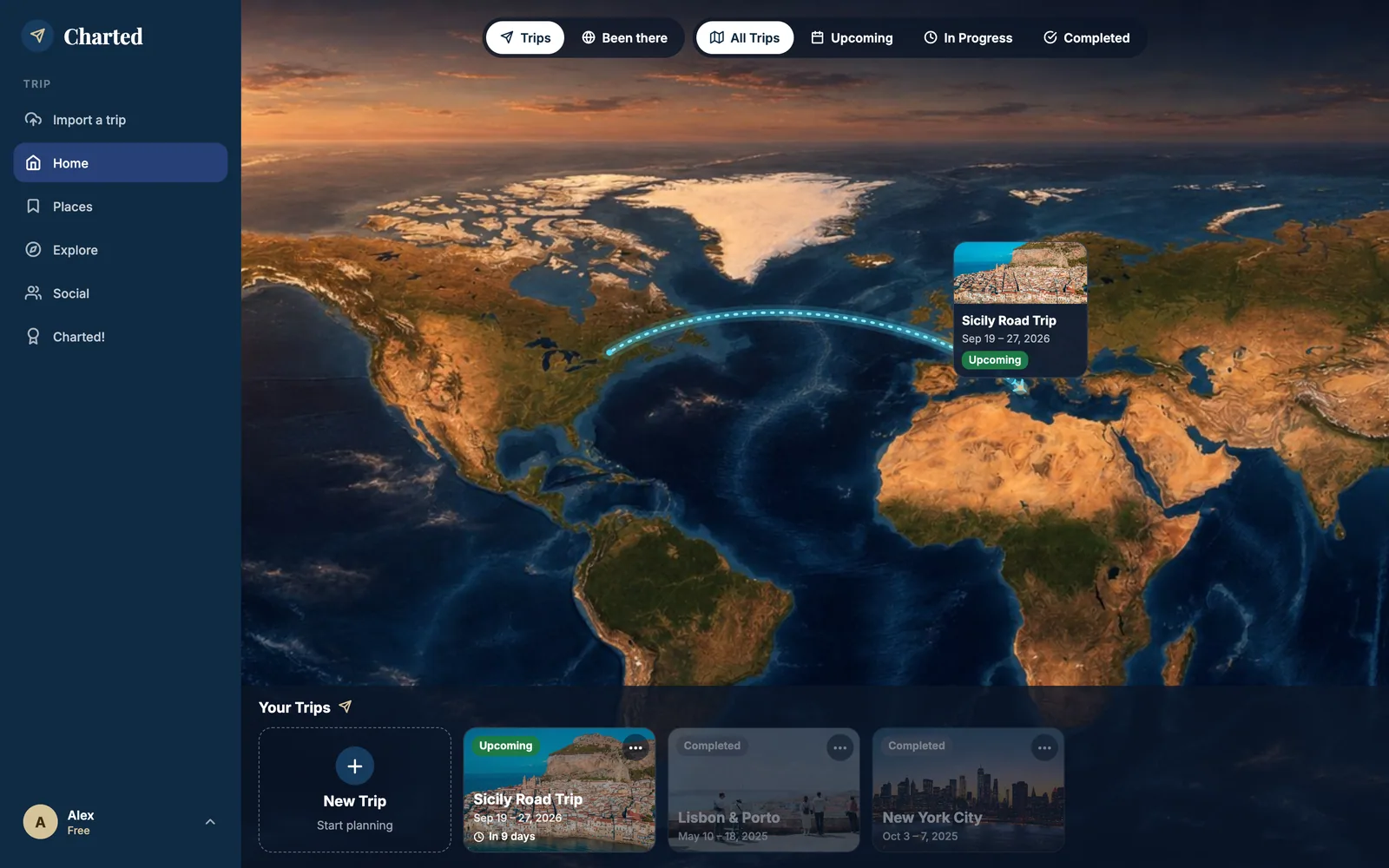 Charted home on the web: an illustrated world map in the Dusk Ocean style with a navy sidebar (Import a trip, Home, Places, Explore, Social, Charted!). A dotted flight path arcs from Montréal across the Atlantic to a pinned card 'Sicily Road Trip, Sep 19–27, 2026, Upcoming' over Sicily. Filters read Trips / Been there and All Trips / Upcoming / In Progress / Completed. Below the map, the 'Your Trips' carousel shows a New Trip card and three trips with photos: Sicily Road Trip (in 9 days), Lisbon & Porto and New York City, both completed.