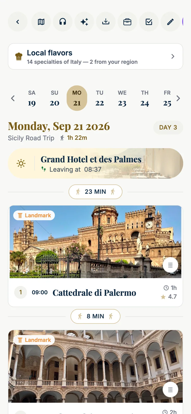 iPhone screen of Monday, Sep 21 2026, DAY 3 of the Sicily Road Trip with 1h 22m of walking: a row of round actions (back, day map, voice guide, AI, import, wallet, packing, edit), a 'Local flavors — 14 specialties of Italy' card, the day strip, the ghost hotel 'Grand Hotel et des Palmes — Leaving at 08:37', a '23 MIN' walking pill, stop 1 Cattedrale di Palermo at 09:00 with its photo (1 h, 4.7 stars), an '8 MIN' pill and Palazzo dei Normanni.
