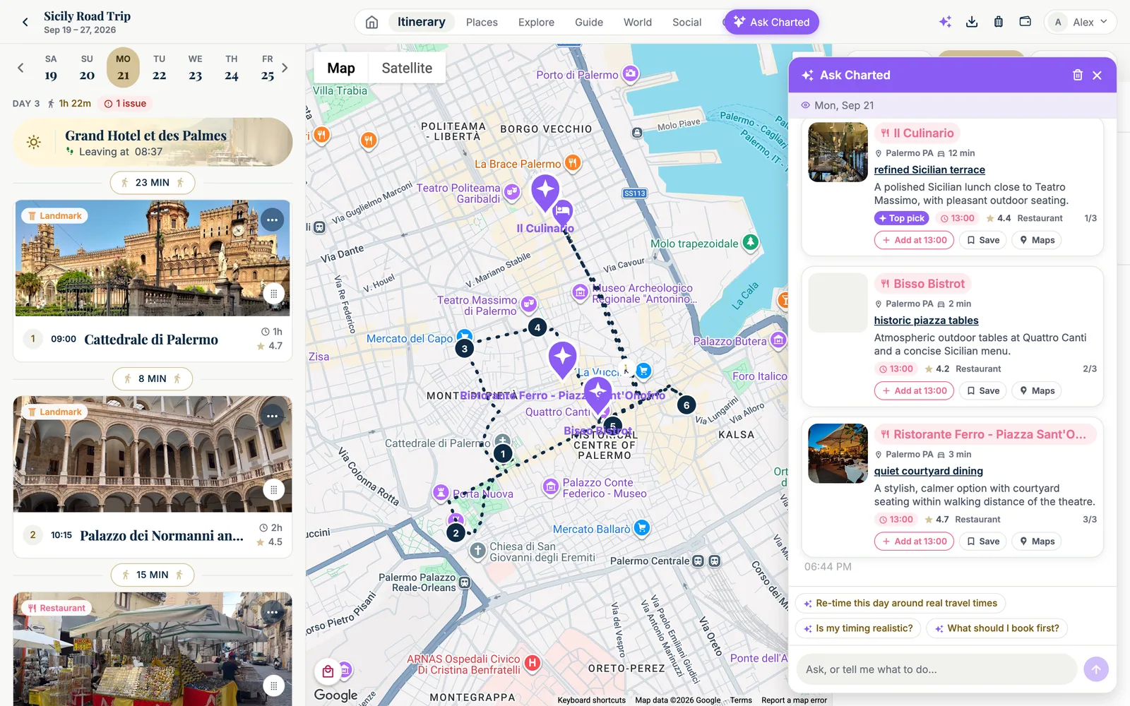 The Ask Charted bubble opened over the planner, purple header 'Ask Charted' and the context line 'Mon, Sep 21'. The traveler asked for three lunch spots with a terrace near Teatro Massimo; the answer is three cards: 'Il Culinario' (Palermo, 12 min, 'refined Sicilian terrace', Top pick, 13:00, 4.4 stars, Restaurant, 1/3), 'Bisso Bistrot' (2 min, 'historic piazza tables', 13:00, 4.2 stars, 2/3) and 'Ristorante Ferro – Piazza Sant'Onofrio' (3 min, 'quiet courtyard dining', 13:00, 4.7 stars, 3/3), each with a photo and the buttons 'Add at 13:00', 'Save' and 'Maps'. The same three restaurants appear on the Google map as large purple pins with their names, next to the day's numbered stops. Under the cards, ready-made commands: 'Re-time this day around real travel times', 'Is my timing realistic?', 'What should I book first?', and the field 'Ask, or tell me what to do…'.